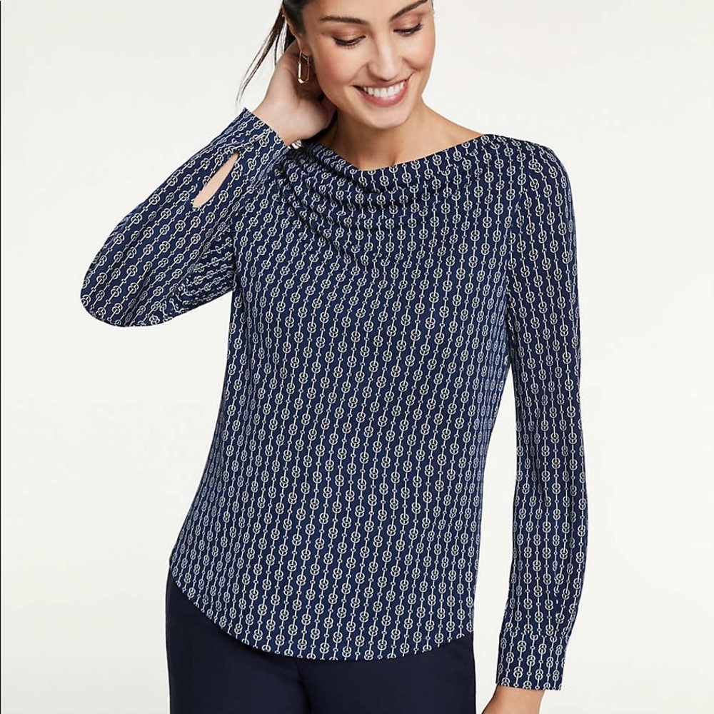 Ann Taylor Navy Chain Link Cowl Neck Top, XS